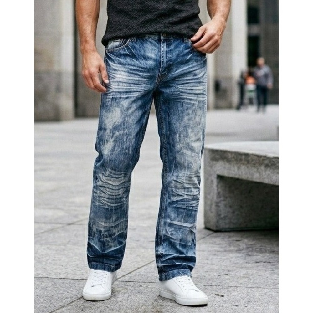 Indigo-30‎ Acid Wash Denim Jeans Men's 40x32 Blue Embellished Relaxed Fit Grunge